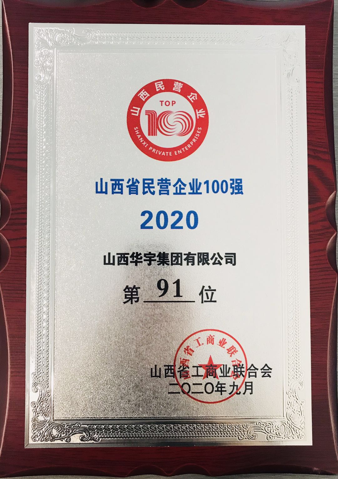 山西華宇集團(tuán)再獲“山西省民營企業(yè)100強(qiáng)、服務(wù)業(yè)20強(qiáng)”稱號(hào)